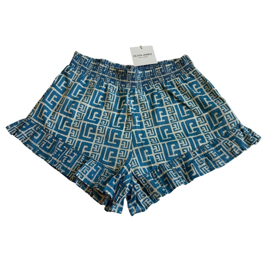 Olivia James Blue White Geometric Smocked Ruffle‎ Cotton Shorts Large